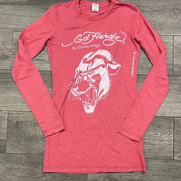 Vintage Y2K  Ed Hardy Pink Tiger Graphic Long Sleeve - Picture 1 of 5